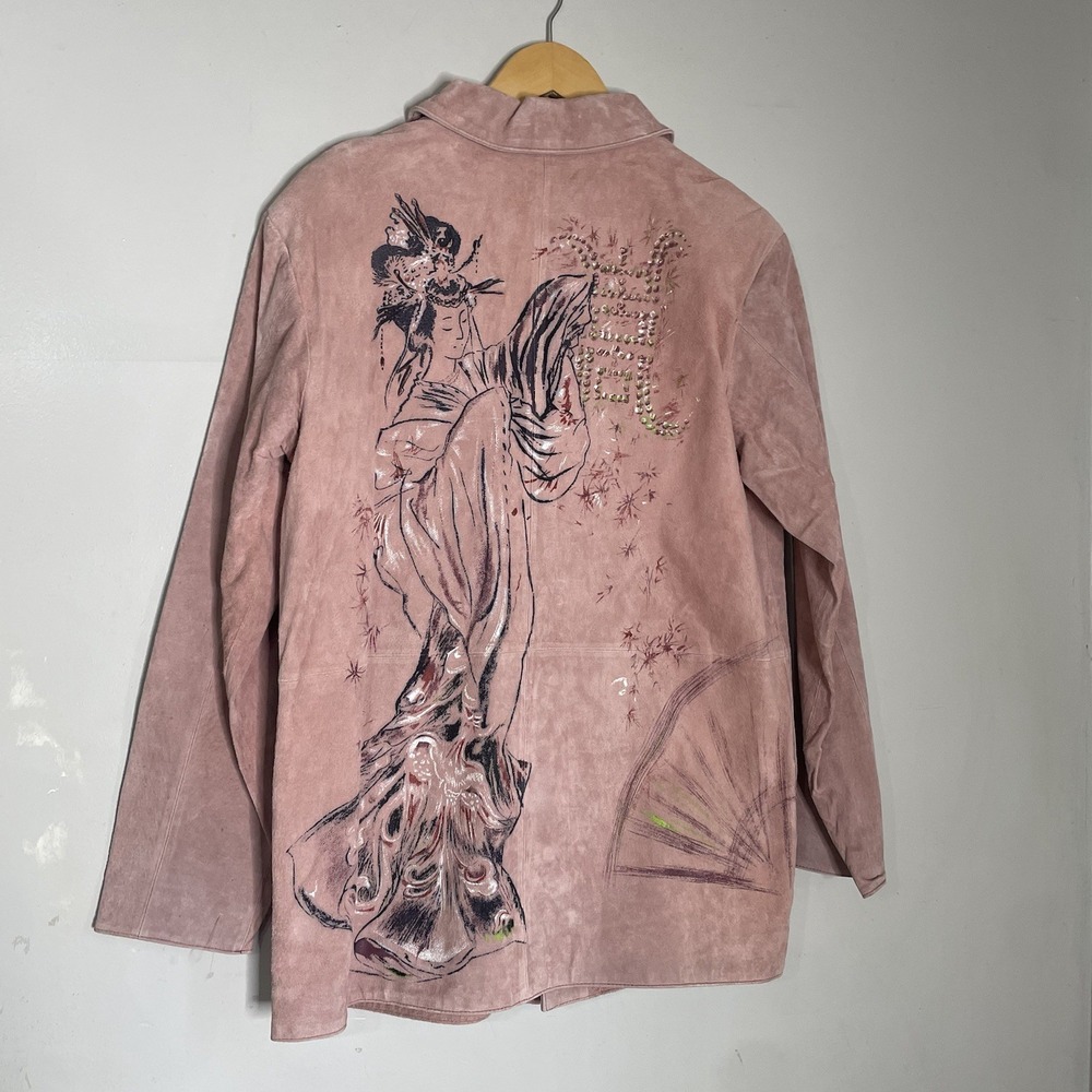 90s Y2K Pink Suede Leather Painted Asian Geisha Jacket Women's‎ Size Medium